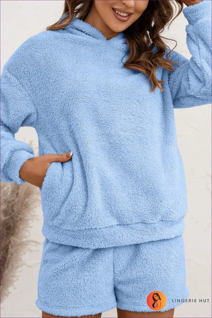 Plush Hooded Loungewear Set - Off-duty Comfort - s / Blue - Lingerie Hut - Autumn • Casual • co Ord • Everyday