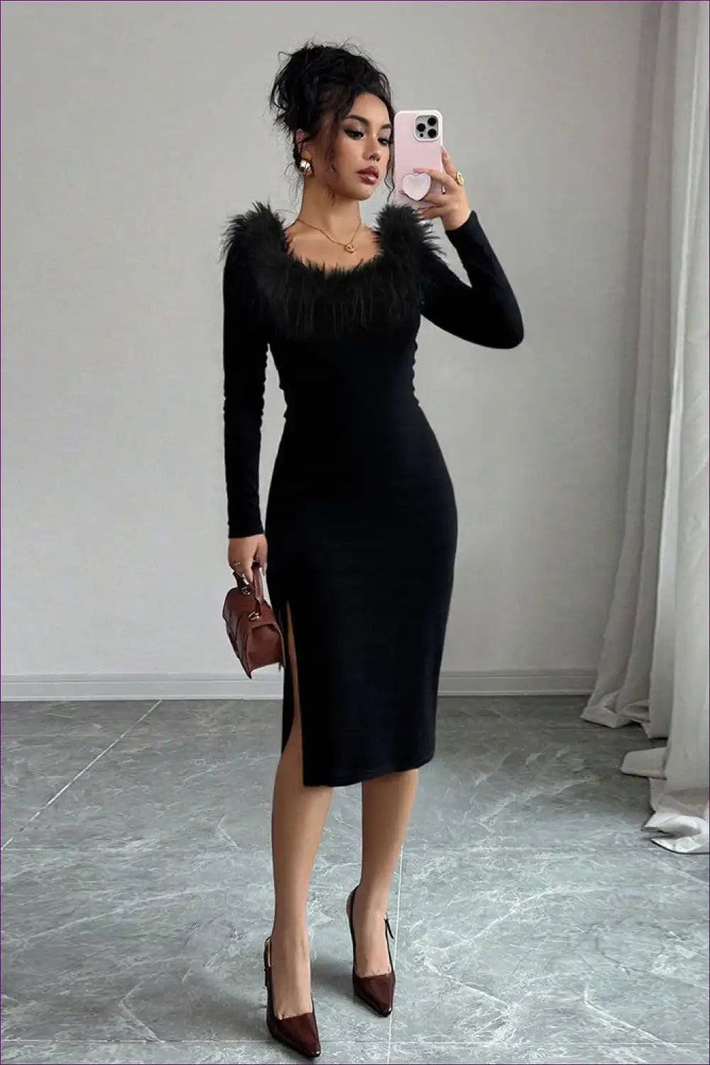 Plush Neckline Midi Dress with Side Slit - Dinner Elegance for Bodycon, Date Night, Evening Wear, Formal