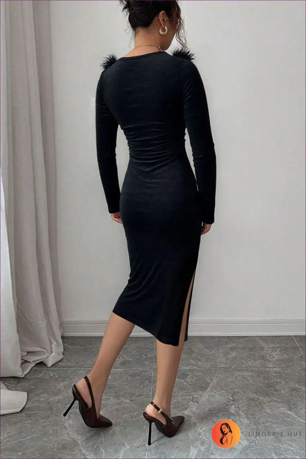 Plush Neckline Midi Dress with Side Slit - Dinner Elegance for Bodycon, Date Night, Evening Wear, Formal