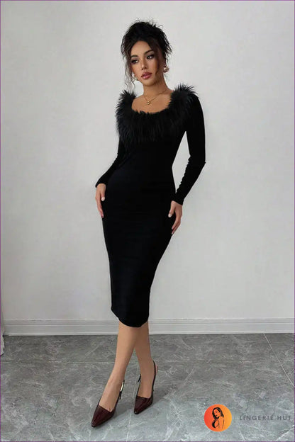 Plush Neckline Midi Dress with Side Slit - Dinner Elegance for Bodycon, Date Night, Evening Wear, Formal