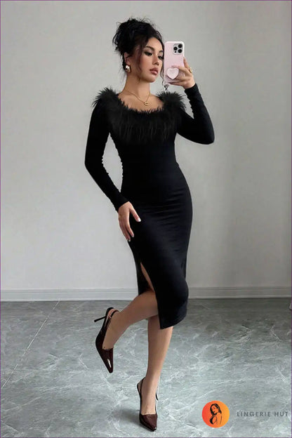 Plush Neckline Midi Dress with Side Slit - Dinner Elegance for Bodycon, Date Night, Evening Wear, Formal