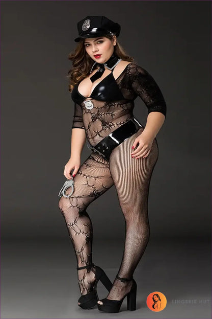 Police Costume with Fishnet Bodystocking - Bold Authority - has Hat / one Size - Halloween • just in • Party • Role