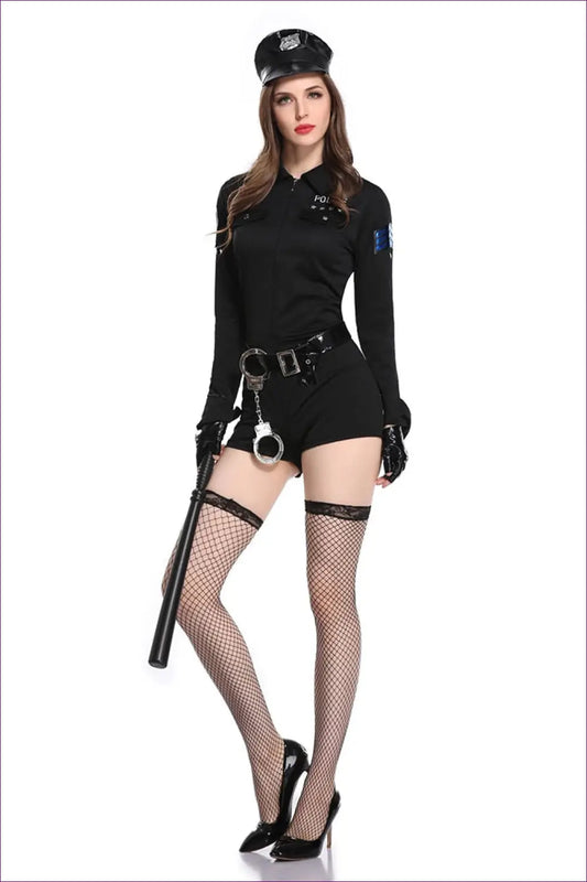 Police Costume Jumpsuit with Lace Detail - Fantasy Roleplay Ready - Black / m - Costumes - Lingerie Hut - All Season