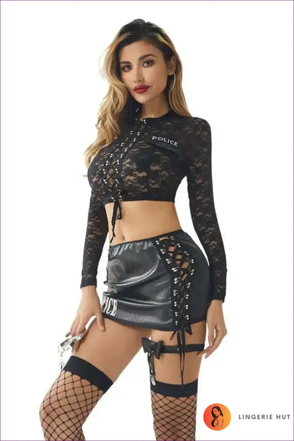 Police Costume with Lace Top & Faux Leather Skirt - Statement Night for Clubwear, Costume, Crop, Fishnet,