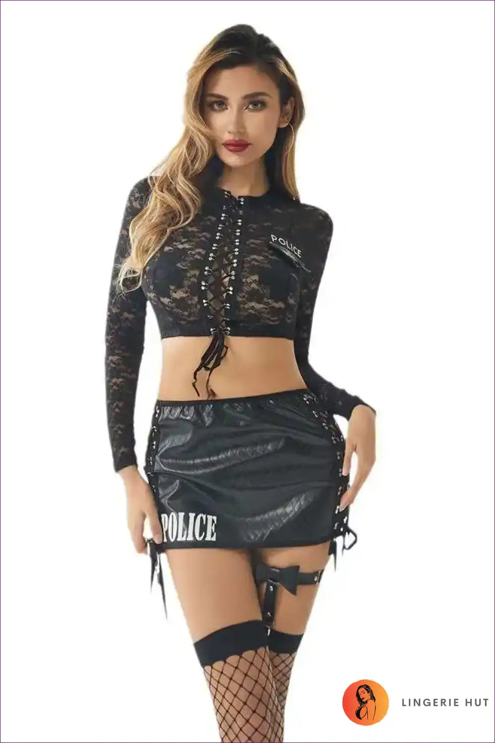 Police Costume with Lace Top & Faux Leather Skirt - Statement Night for Clubwear, Costume, Crop, Fishnet,