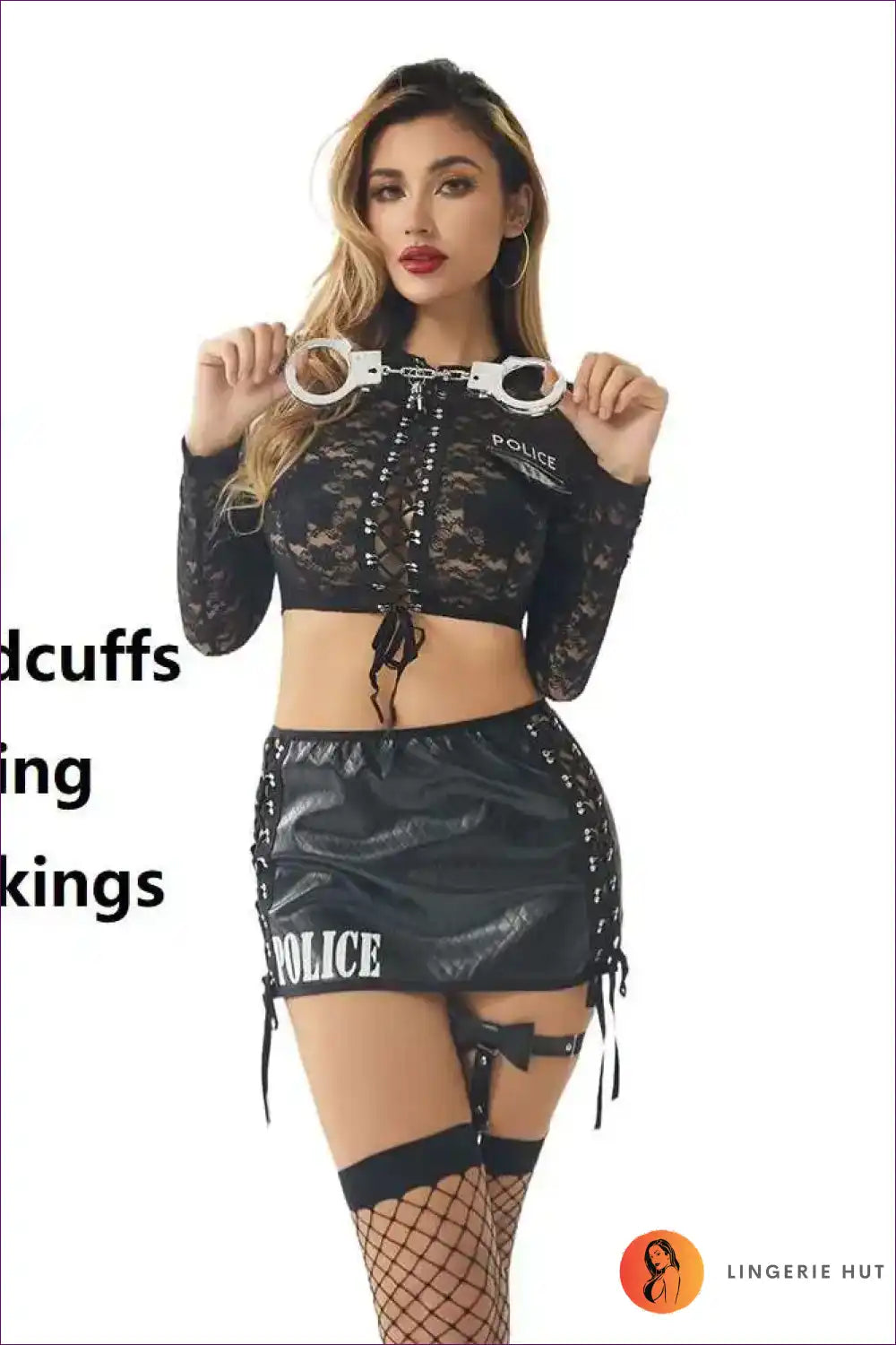Police Costume with Lace Top & Faux Leather Skirt - Statement Night for Clubwear, Costume, Crop, Fishnet,