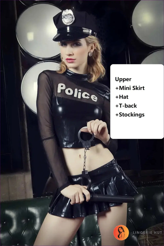Police Costume with PU Long Sleeve Crop & Mini Skirt - Statement Confidence