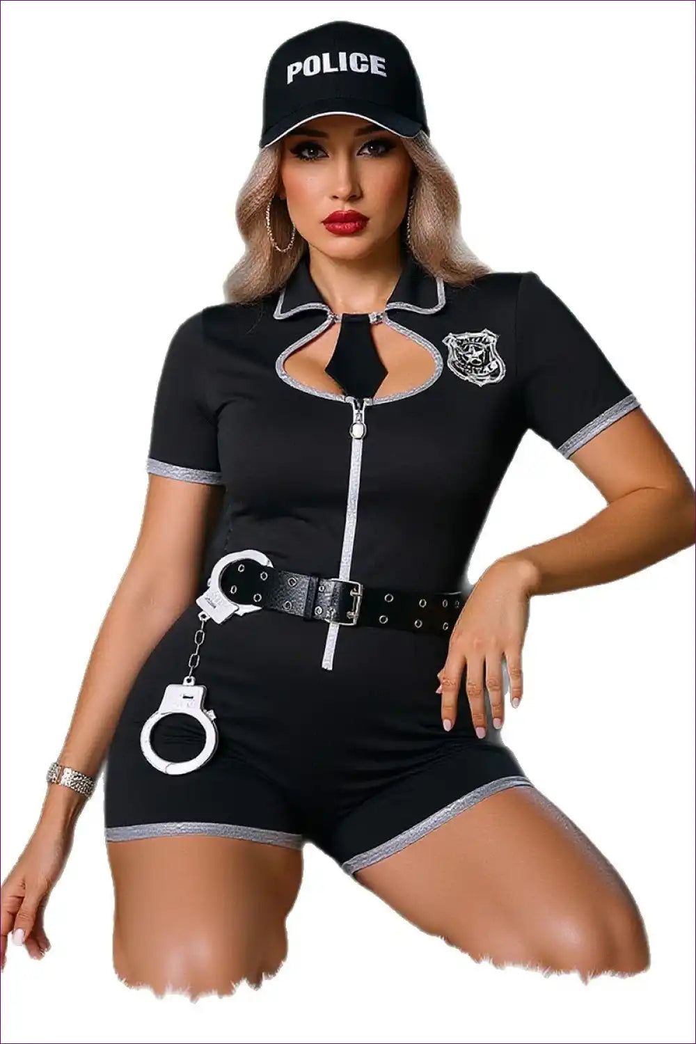 Police Costume Romper with Belt & Handcuffs - Confident Guest Energy for Boudior, Clubwear, Costume, Evening