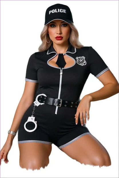 Police Costume Romper with Belt & Handcuffs - Confident Guest Energy for Boudior, Clubwear, Costume, Evening