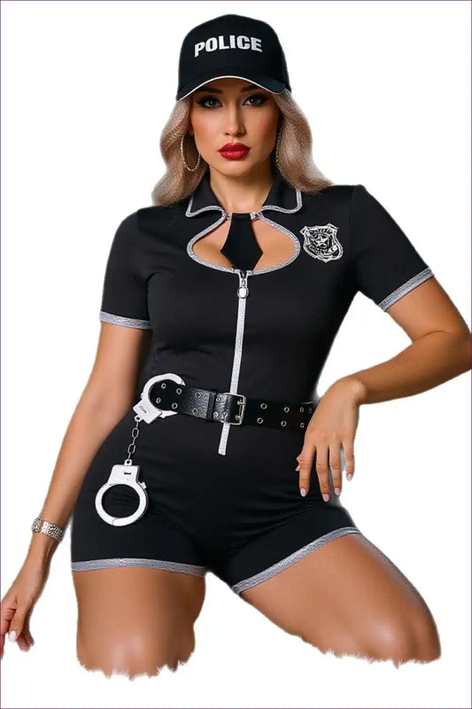 Police Costume Romper with Belt & Handcuffs - Confident Guest Energy for Boudior, Clubwear, Costume, Evening