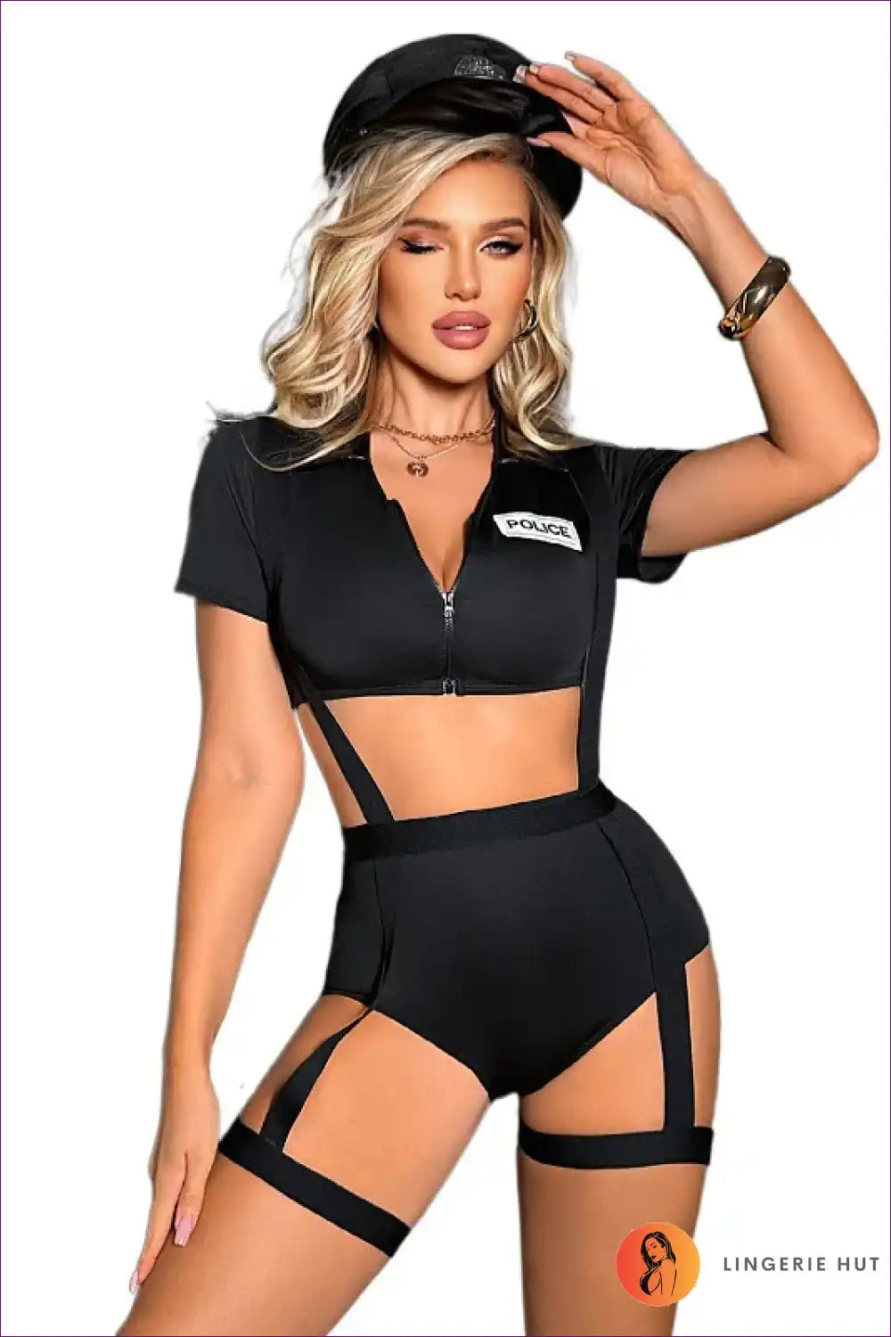 Police Costume Set with Suspender Detail - Playful Command Vibe for Boudoir, Clubwear, Costume, Evening Wear,