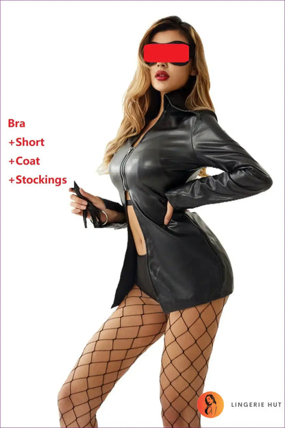 Police-inspired Costume with Faux Leather Jacket - After-dark Drama for Costume, Fishnet, Halloween, Jackets,