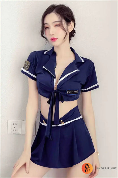 Police Officer Costume Set with Pleated Mini Skirt - Cheeky Authority for Clubwear, Costume, Crop, Dresses,