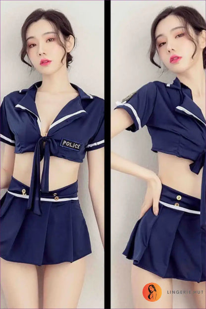 Police Officer Costume Set with Pleated Mini Skirt - Cheeky Authority for Clubwear, Costume, Crop, Dresses,