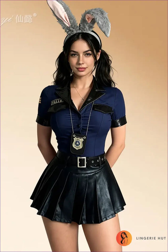 Police Officer Costume Set with Pleated Mini Skirt - Playful Fantasy