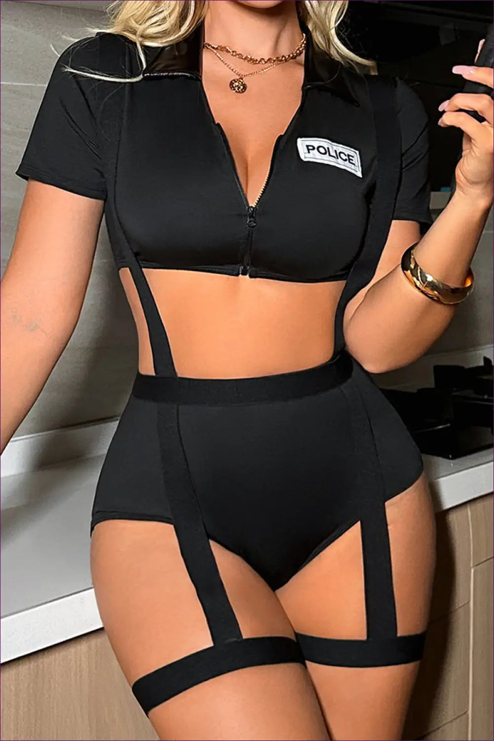 Police Uniform Set with Split Shorts Detail - Bold Confidence - Lingerie - just in • Party • Polyester • Role Play