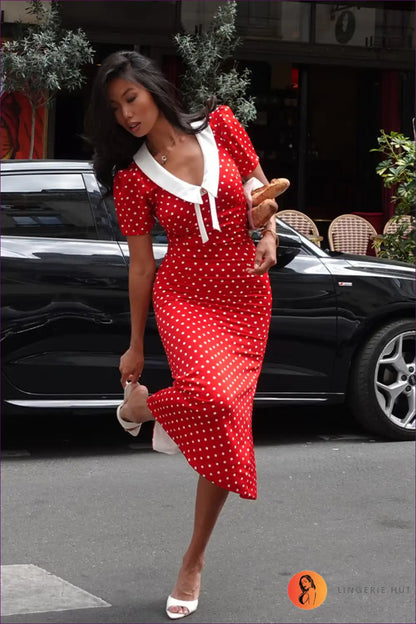 Polka Dot Bodycon Midi Dress with Side Split for Bodycon, Casual, Everyday, Midi, Retro