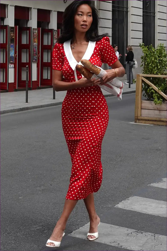 Polka Dot Bodycon Midi Dress with Side Split for Bodycon, Casual, Everyday, Midi, Retro