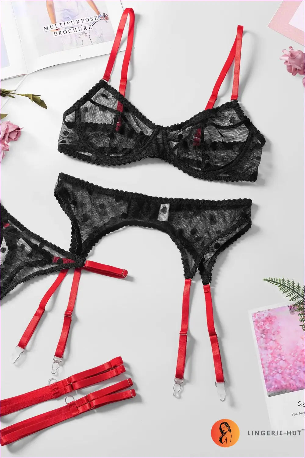 Step Into a World Of Allure With Lingerie Hut’s Polka Dot Bra Set. Featuring Sultry Mesh Garter, This Set