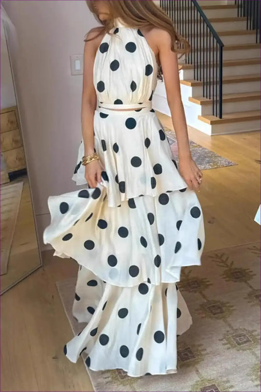 Polka Dot Halter Crop Top & Tiered Maxi Skirt Set for Casual, Crop, Floral, High-low Dress, Jersey