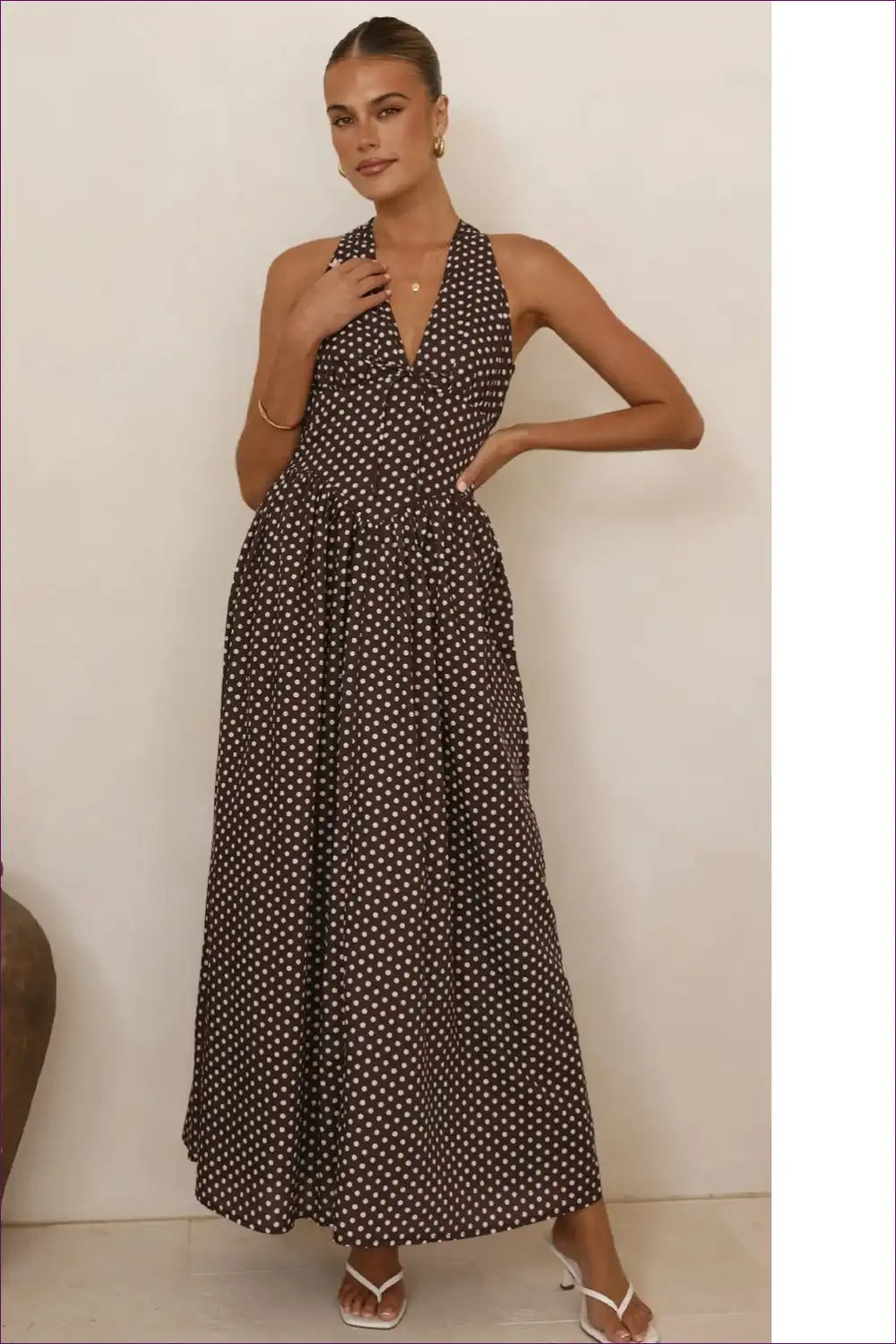 Polka Dot Halter Maxi Dress with Deep v - Vacation Elegance for Backless, Casual, Dresses, Evening Wear,