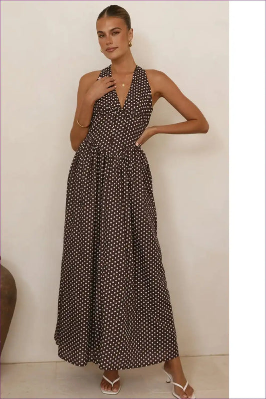 Polka Dot Halter Maxi Dress with Deep v - Vacation Elegance for Backless, Casual, Dresses, Evening Wear,