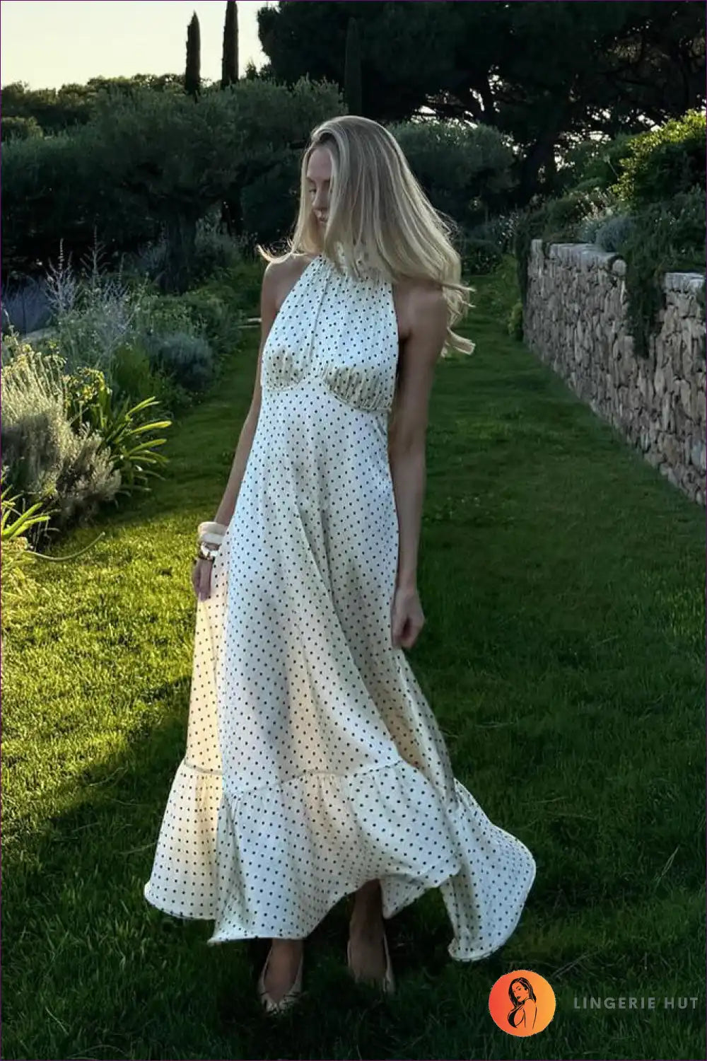 Polka Dot Halter Maxi Dress with Open Back - Subtle Retro Mood for a Line, Evening Wear, Formal Halter,