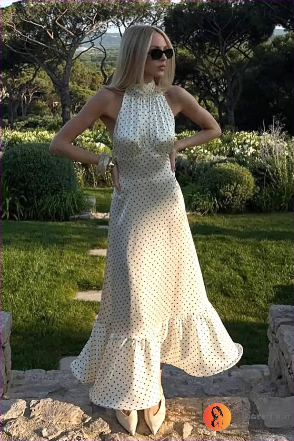 Polka Dot Halter Maxi Dress with Open Back - Subtle Retro Mood for a Line, Evening Wear, Formal Halter,