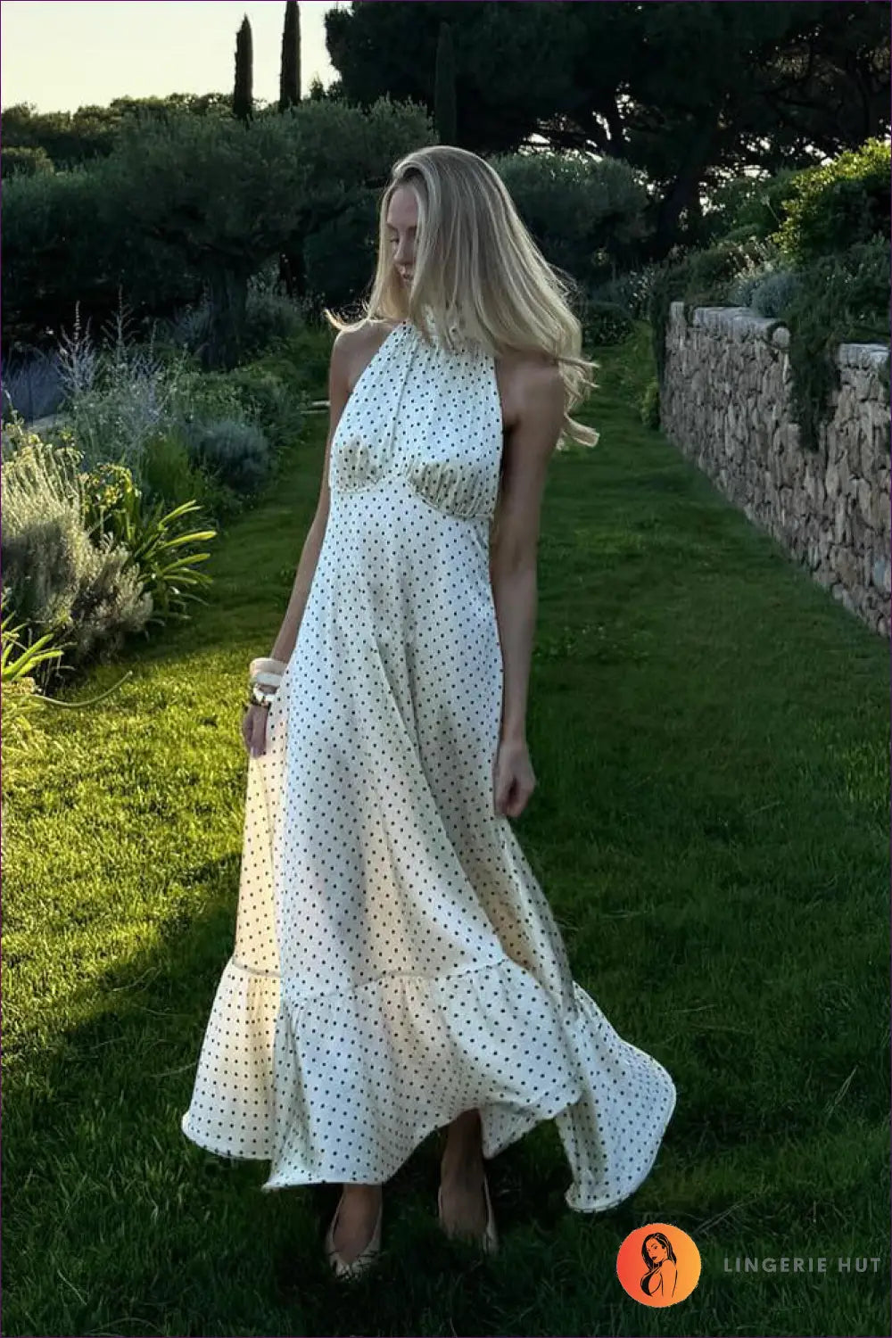 Polka Dot Halter Maxi Dress - Understated Retro Glamour - Dresses - Lingerie Hut - A-line • Backless • Everyday