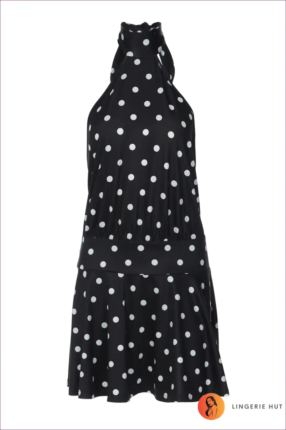 Polka Dot Halter Mini Dress with Lace-up Back for a Line, Casual, Mini, Retro, Sleeveless