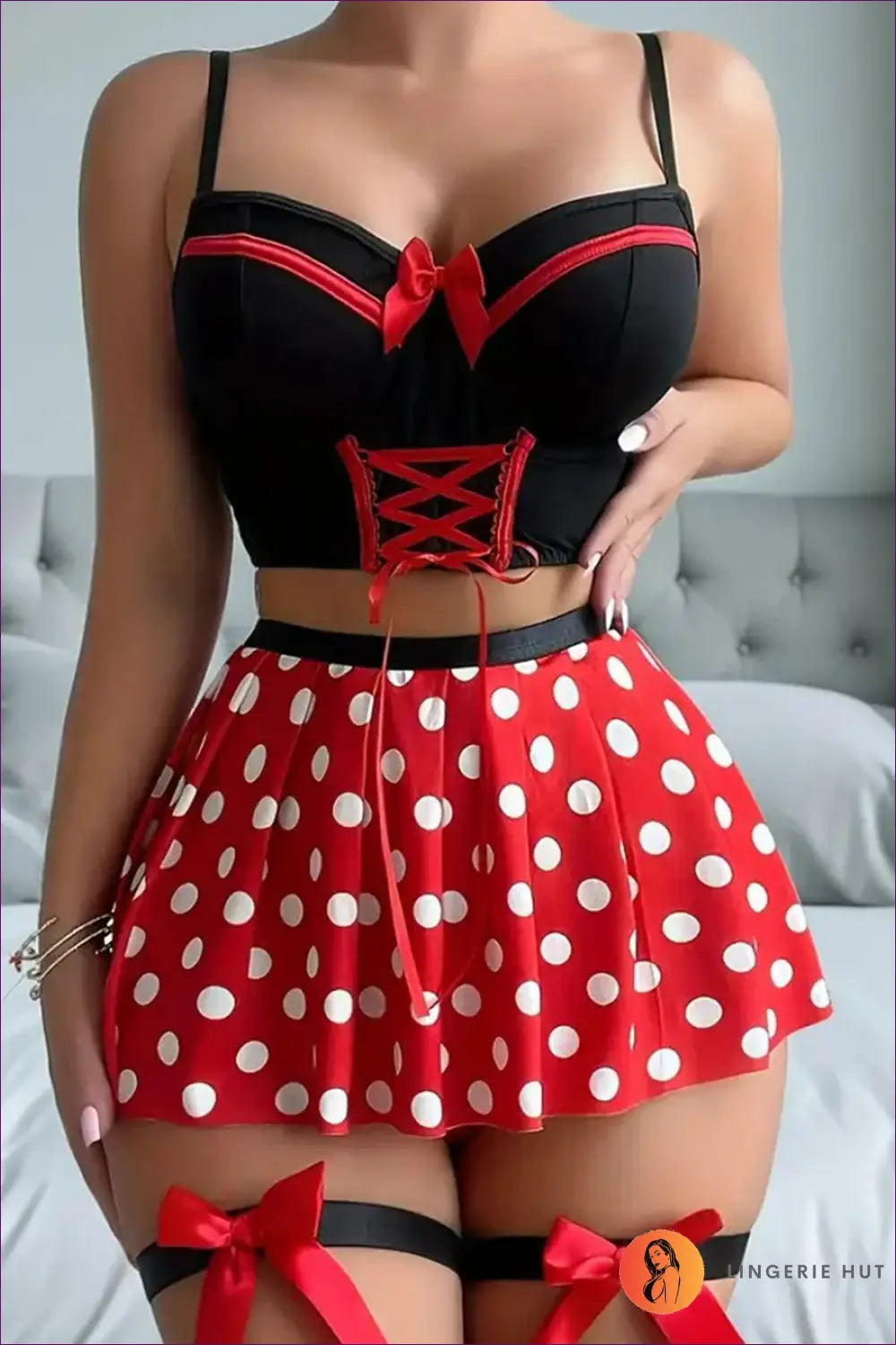 Polka Dot Lingerie Bra Set with Corset Skirt - Flirty Fantasy Mood - Hut - Boudoir • Date Night • Honeymoon