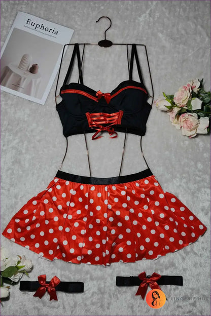 Polka Dot Lingerie Bra Set with Corset Skirt - Flirty Fantasy Mood - Black / s - Hut - Boudoir • Date Night • Honeymoon