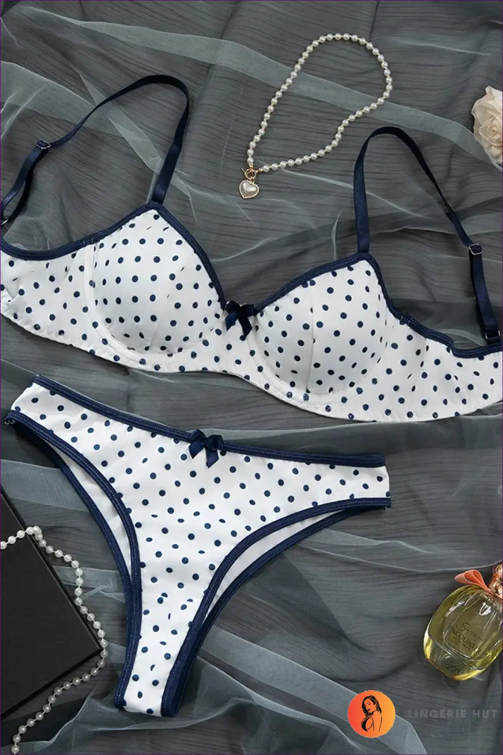 Polka Dot Lingerie Set with Bow - Playful Contrast - White / s - Bra • just in • Hut