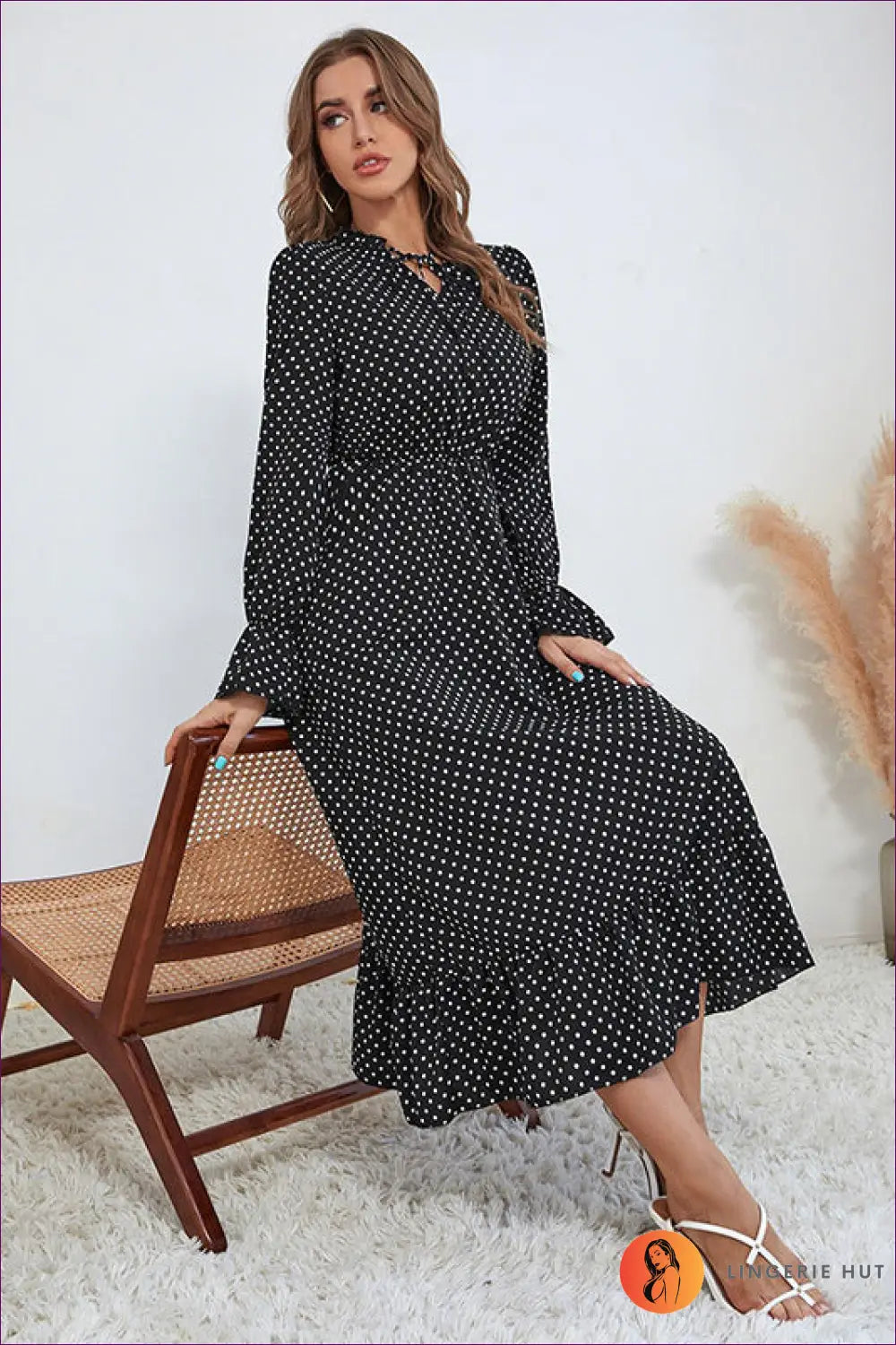 Polka Dot Maxi Dress with Bell Sleeves - Effortless Elegance - s / Black - Dresses - A-line • Autumn • Casual