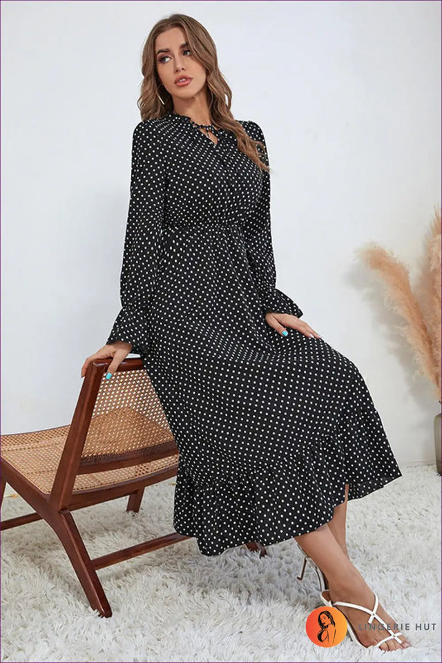 Polka Dot Maxi Dress with Bell Sleeves - Effortless Elegance