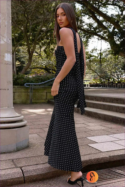 Polka Dot Maxi Dress with Choker Neck - Vintage Charm for Casual, Choker, Everyday, Floral, Formal Wear