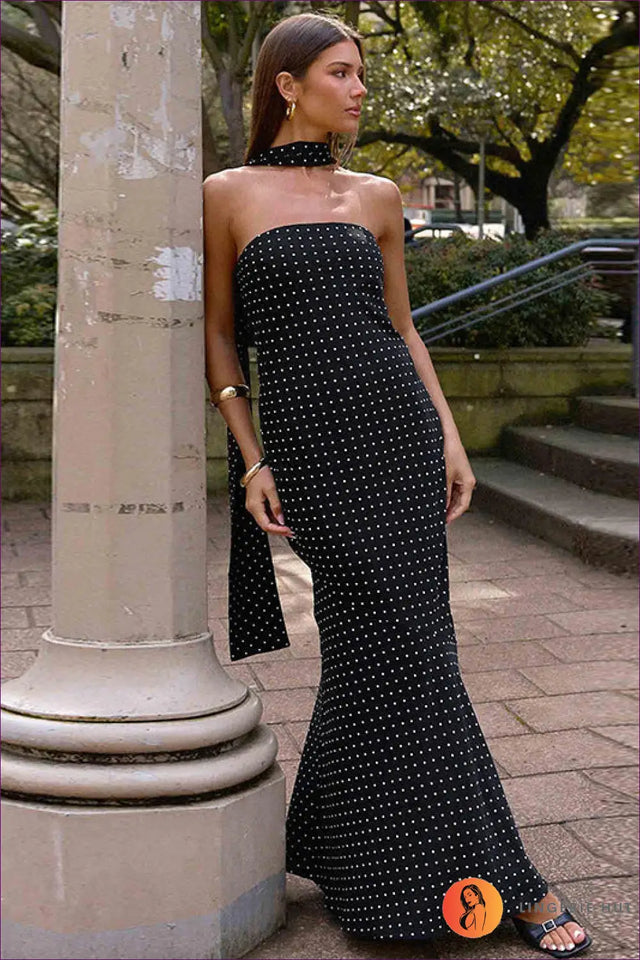 Polka Dot Maxi Dress with Choker Neck - Vintage Charm