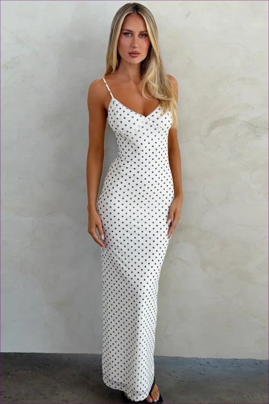 Polka Dot Maxi Dress with Deep v - Summer Evenings Sorted - Dresses - Lingerie Hut - Bodycon • Cutout • Evening Wear