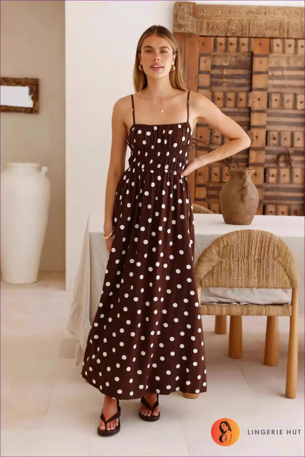 Polka Dot Maxi Dress with Smocked Waist - French Summer Chic for a Line, Boho, Casual, Everyday, Floral