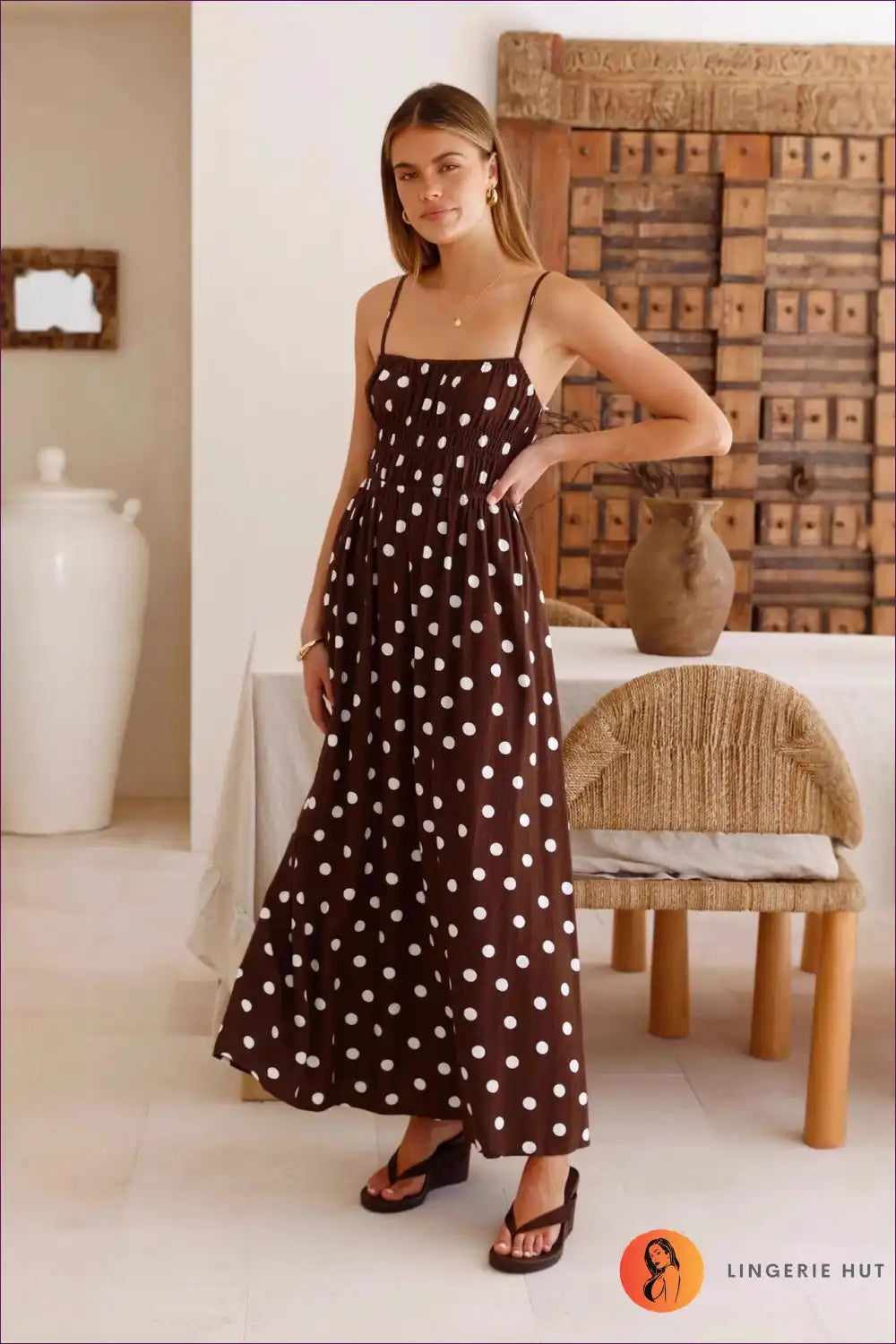 Polka Dot Maxi Dress with Smocked Waist - French Summer Chic for a Line, Boho, Casual, Everyday, Floral