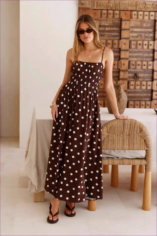 Polka Dot Maxi Dress with Smocked Waist - French Summer Chic for a Line, Boho, Casual, Everyday, Floral