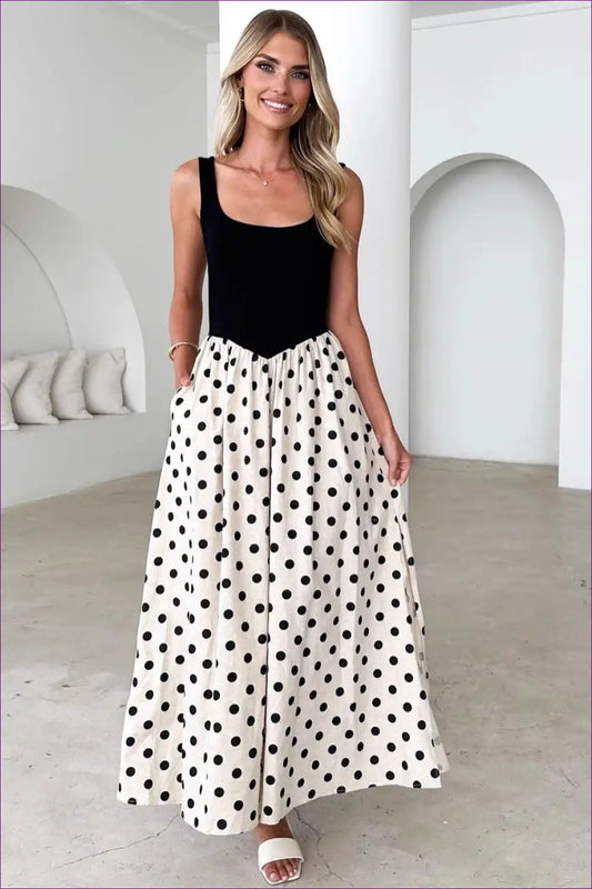 Polka Dot Maxi Dress with Square Neck - Modern Summer Grace for a Line, Casual, Everyday, just In,