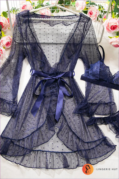 Polka Dot Mesh Lace 3-piece Bra Set - Worth a Second Look - s / Navy Blue - Bodysuit - Lingerie Hut - All Season