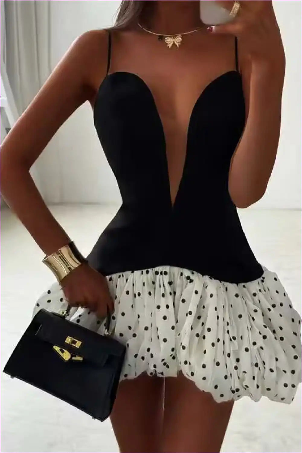 Polka Dot Mini Dress with Deep Plunge for Parties Date Night, Dress, Floral, Formal Wear, Glamour