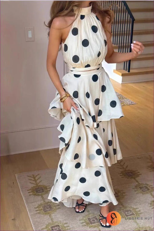 Polka Dot Co Ord Set with Halter Crop Top & Maxi Skirt - Garden Party Ready