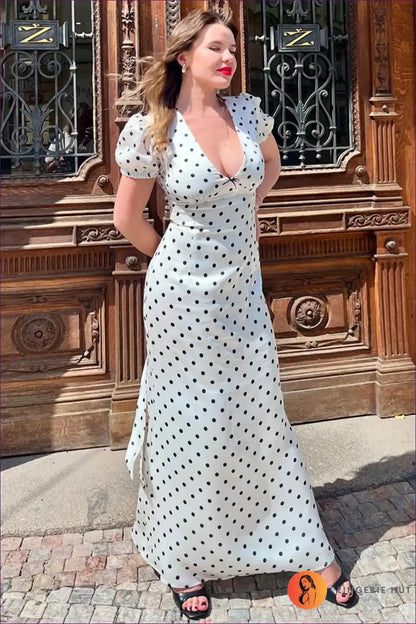 Polka Dot Puff Sleeve Maxi Dress with Waist Tie for Bodycon, Floral, Maxi, Party, Summer