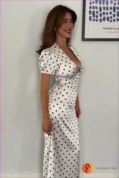 Polka Dot Puff Sleeve Maxi Dress with Waist Tie for Bodycon, Floral, Maxi, Party, Summer