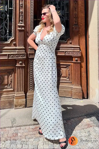 Polka Dot Puff Sleeve Maxi Dress with Waist Tie for Bodycon, Floral, Maxi, Party, Summer