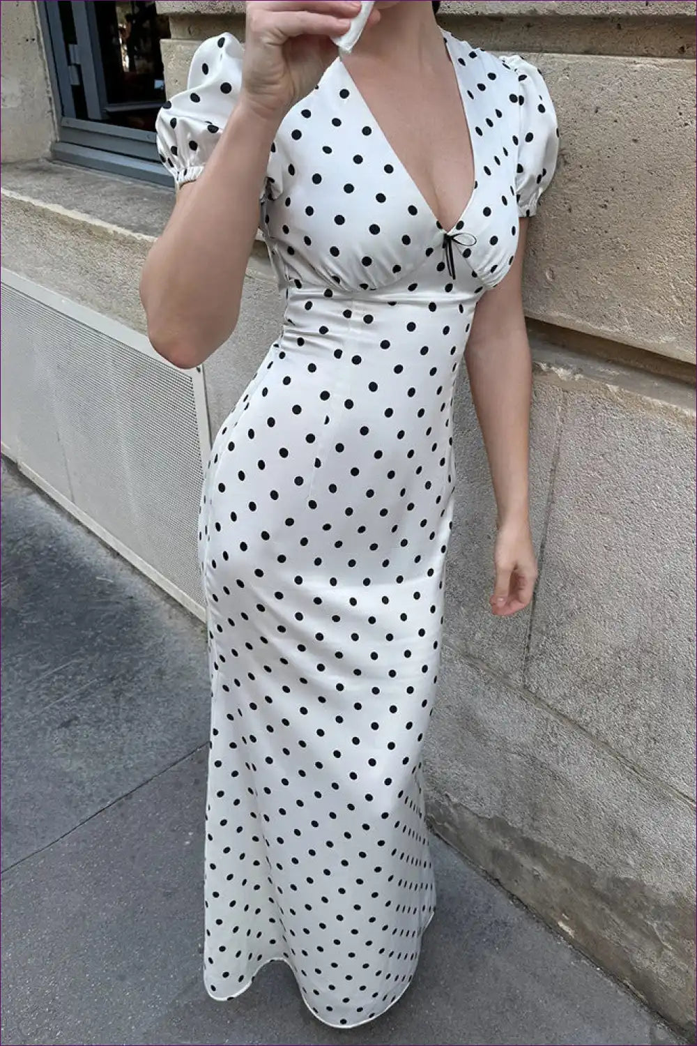 Polka Dot Puff Sleeve Maxi Dress with Waist Tie for Bodycon, Floral, Maxi, Party, Summer