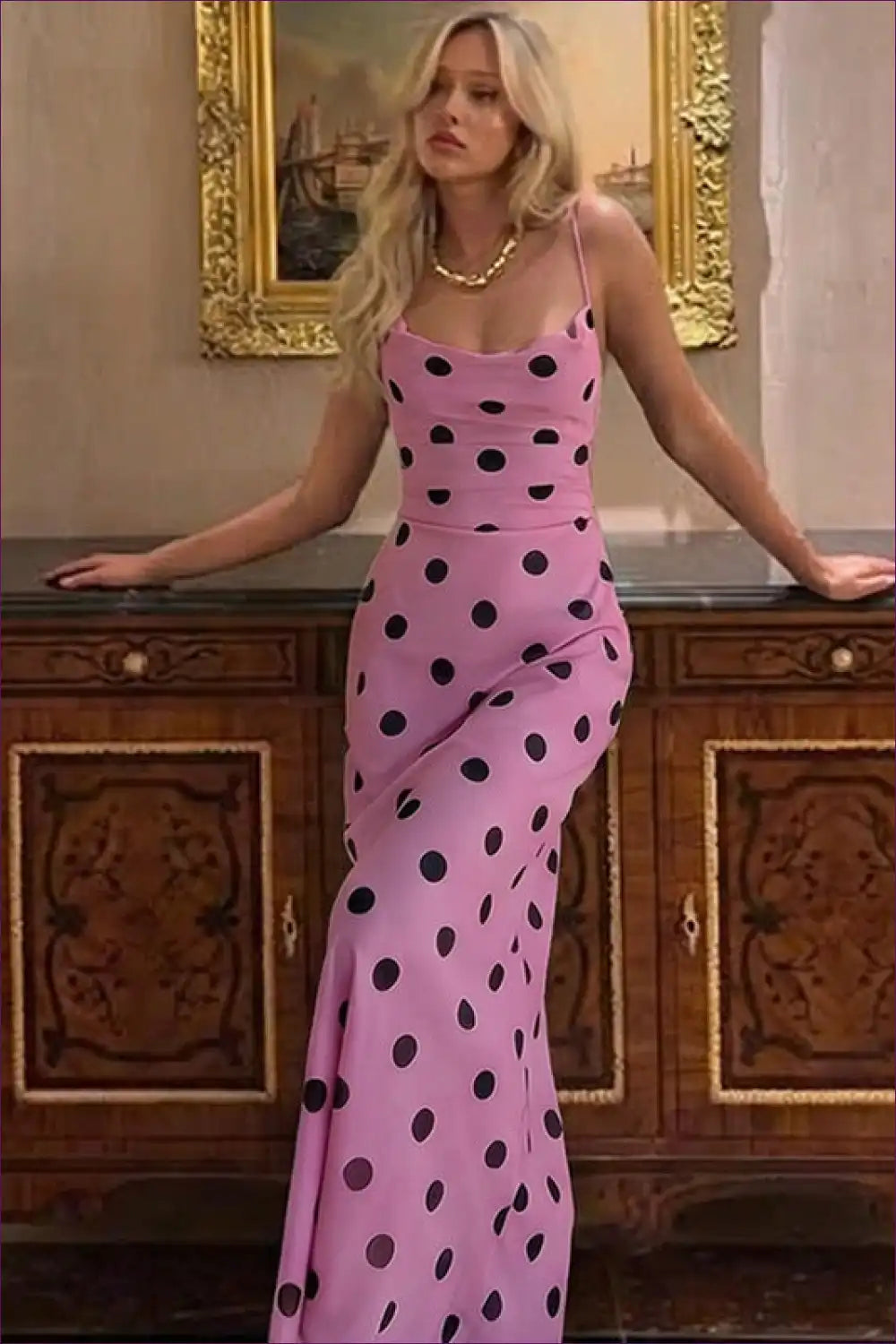 Polka Dot Slip Dress with Cowl Neckline - Vintage Glam for Dress, Dresses, Formal Wear, just In, Maxi